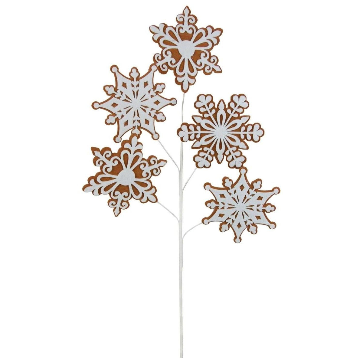 Felt snowflake spray with five decorative snowflake ornaments on thin white stems