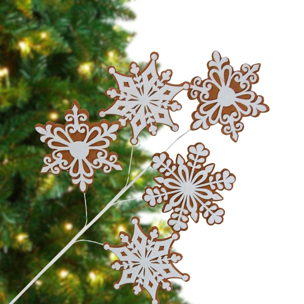 Felt snowflake spray with multiple brown-and-white snowflakes on slender stems
