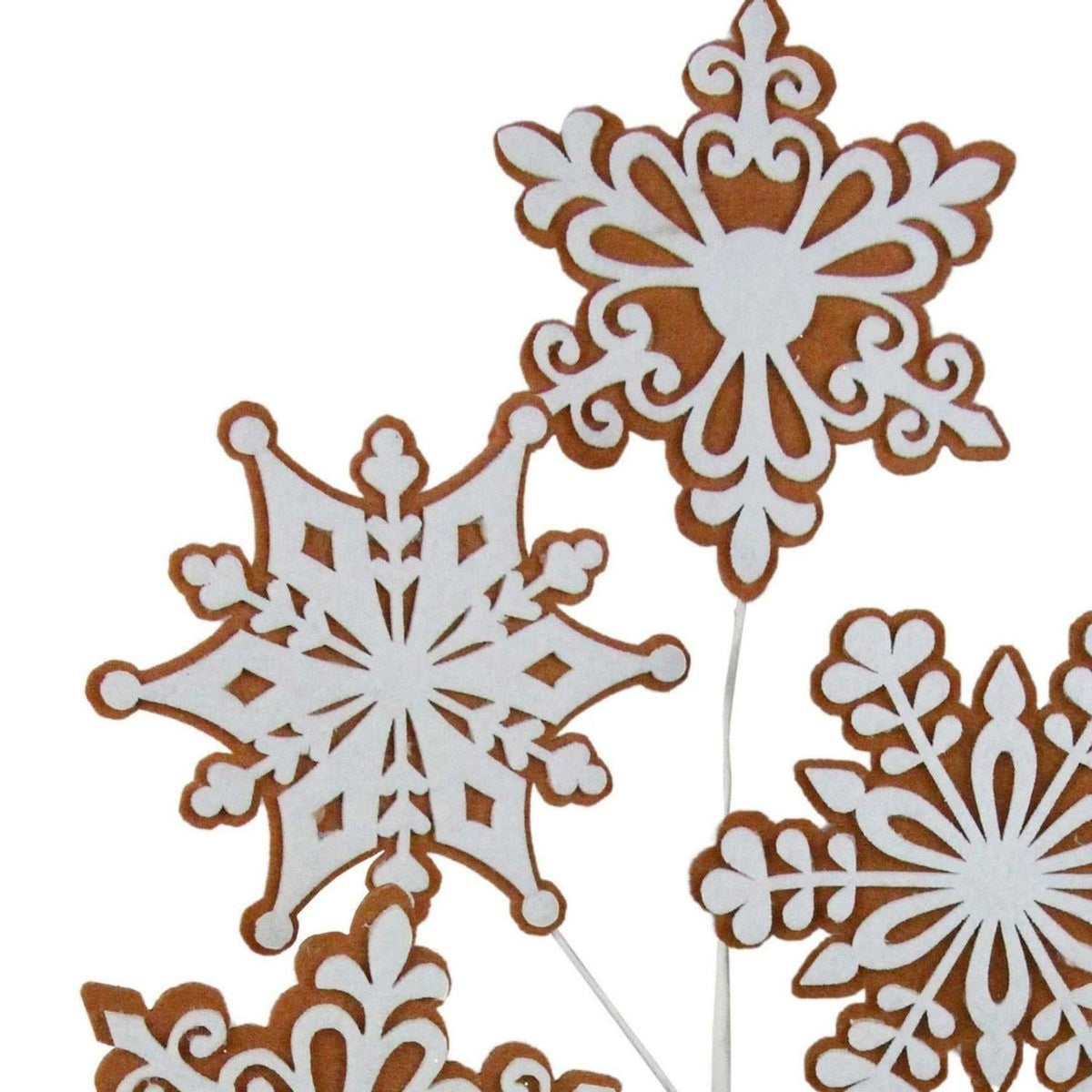 Felt snowflake spray showing three layered snowflake cutouts in brown and white