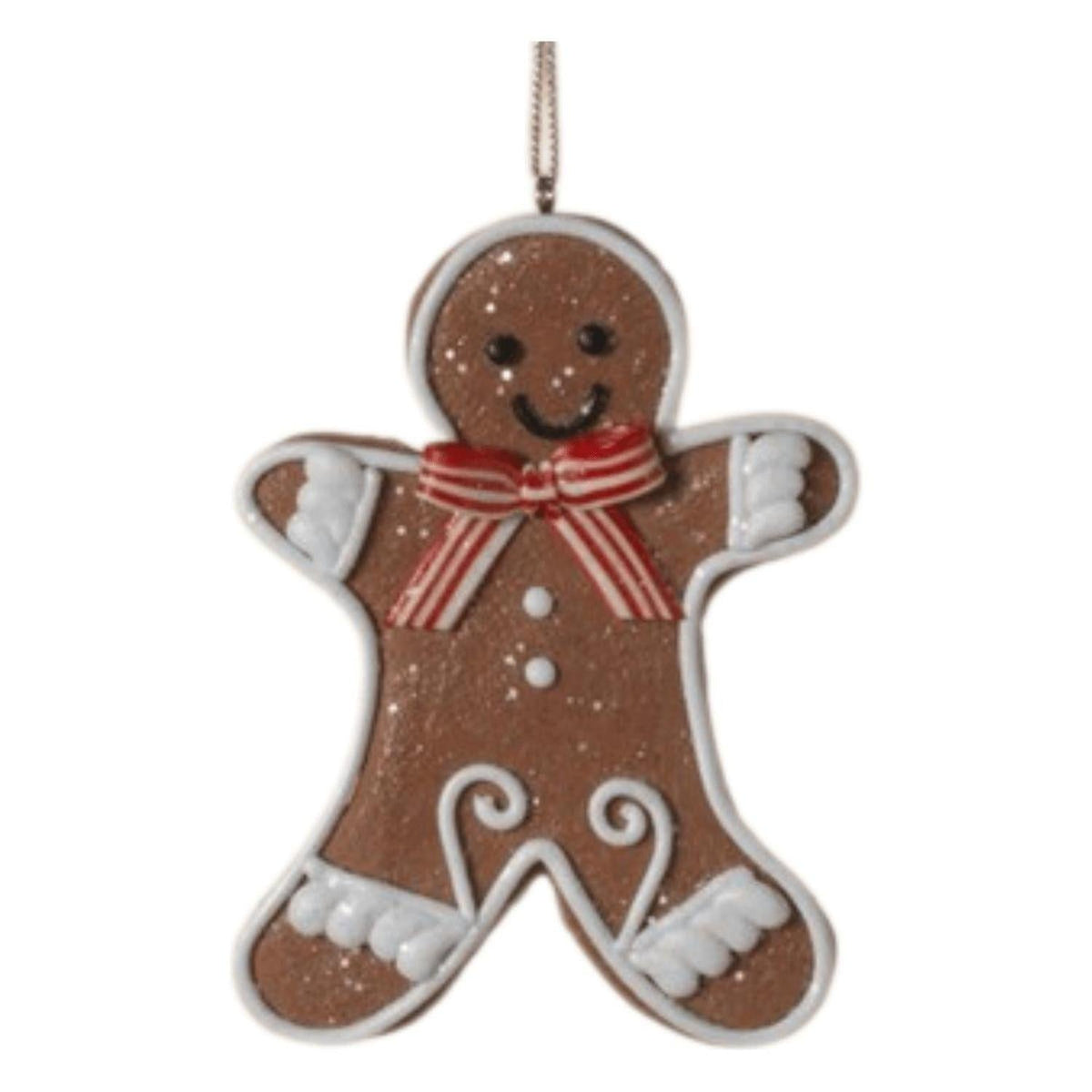 Gingerbread man clay dough ornament with red bow tie, white icing details, and loop