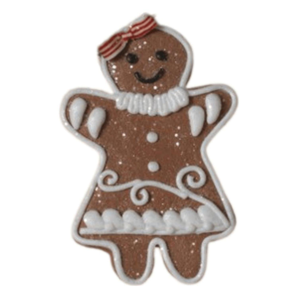 Gingerbread man clay dough ornament with a red striped hat and white icing trim