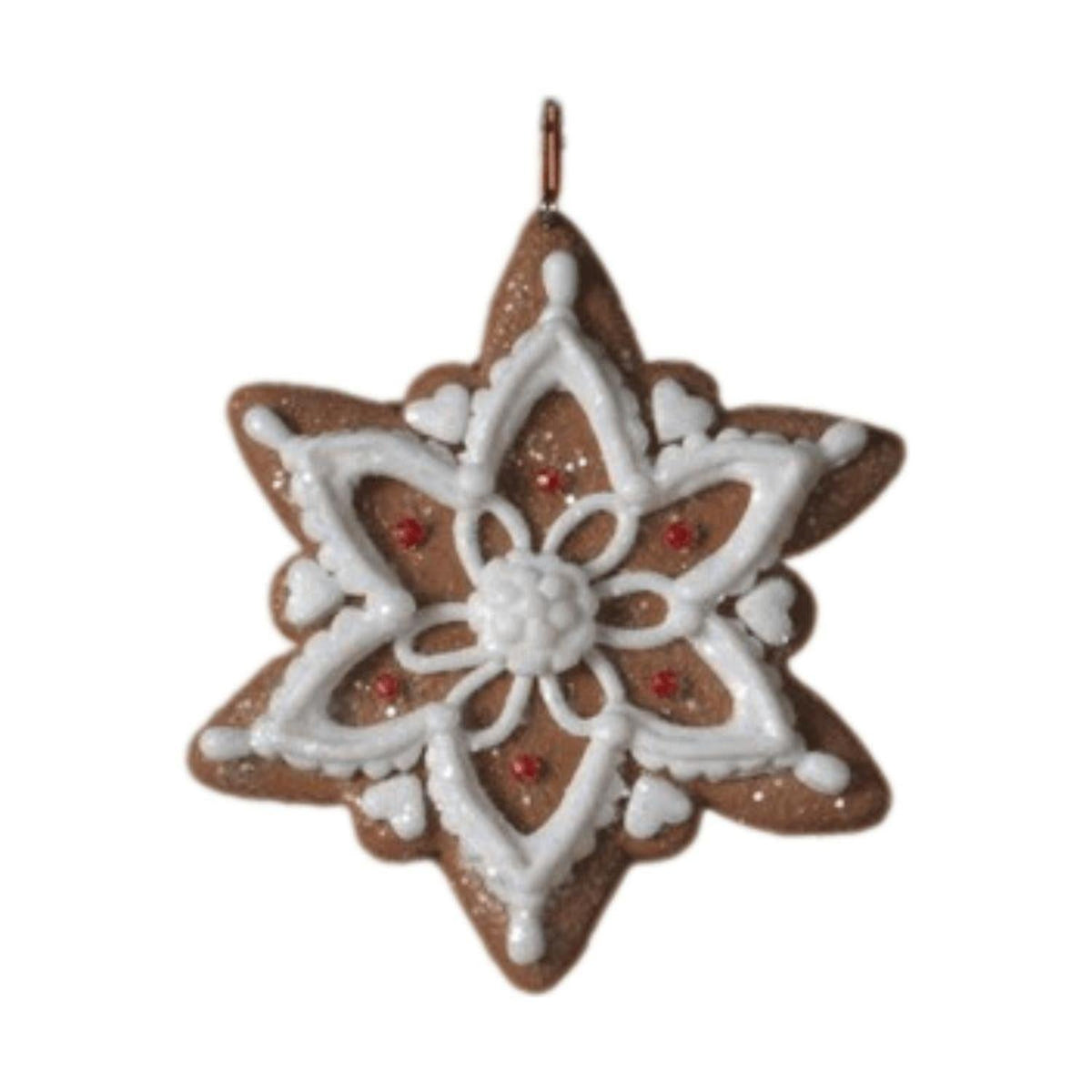 Snowflake clay dough ornament with white icing details and a hanging loop