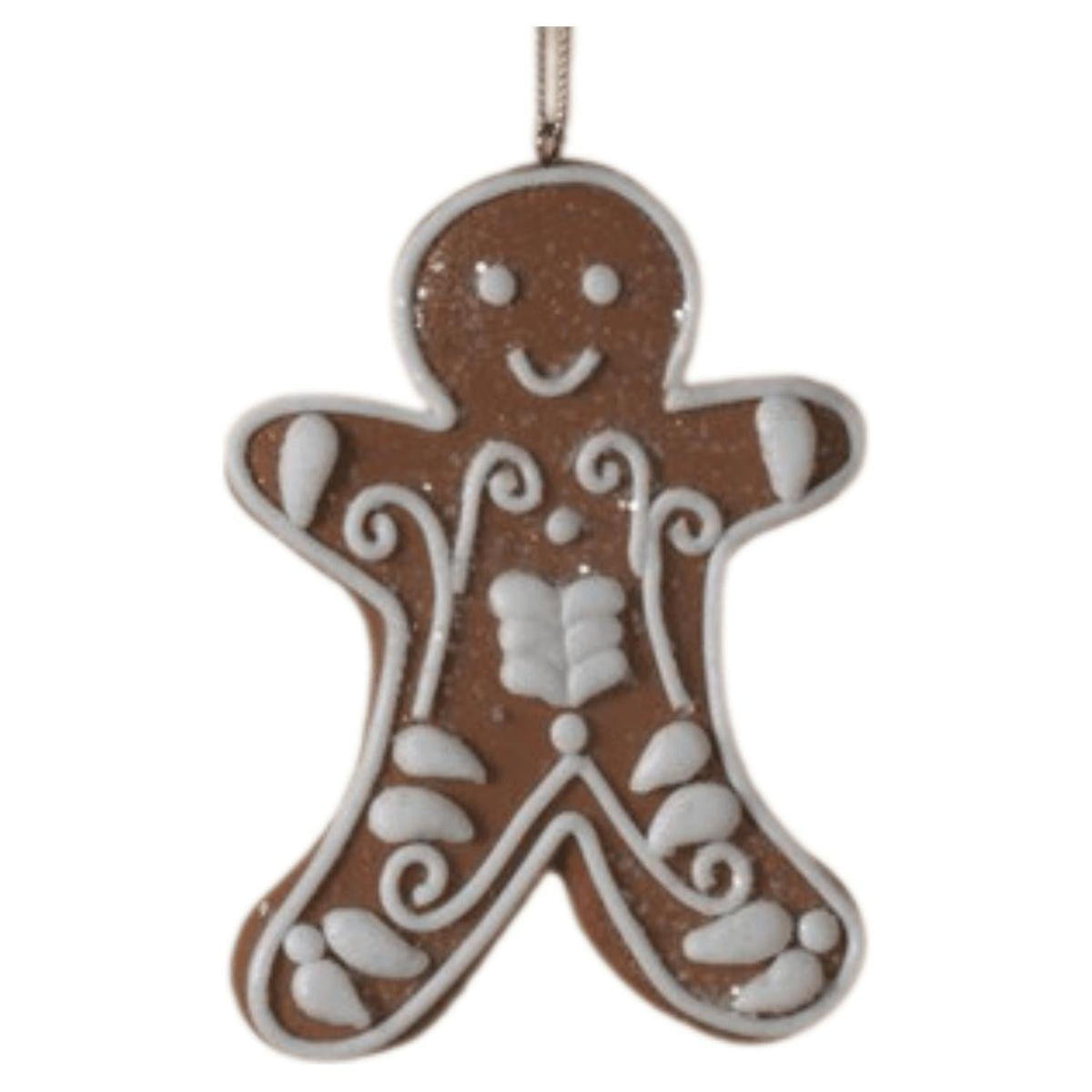 Gingerbread man clay dough ornament with white icing swirls, dots, and hanging loop