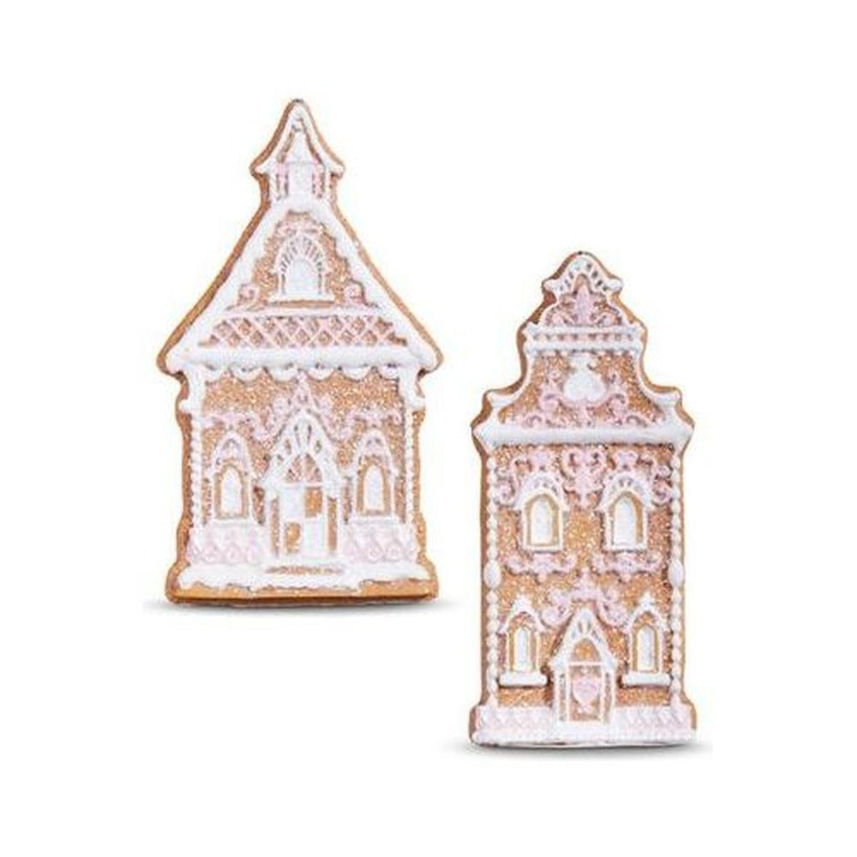 Set of two church ornaments, white frosting with brown outline and decorative windows