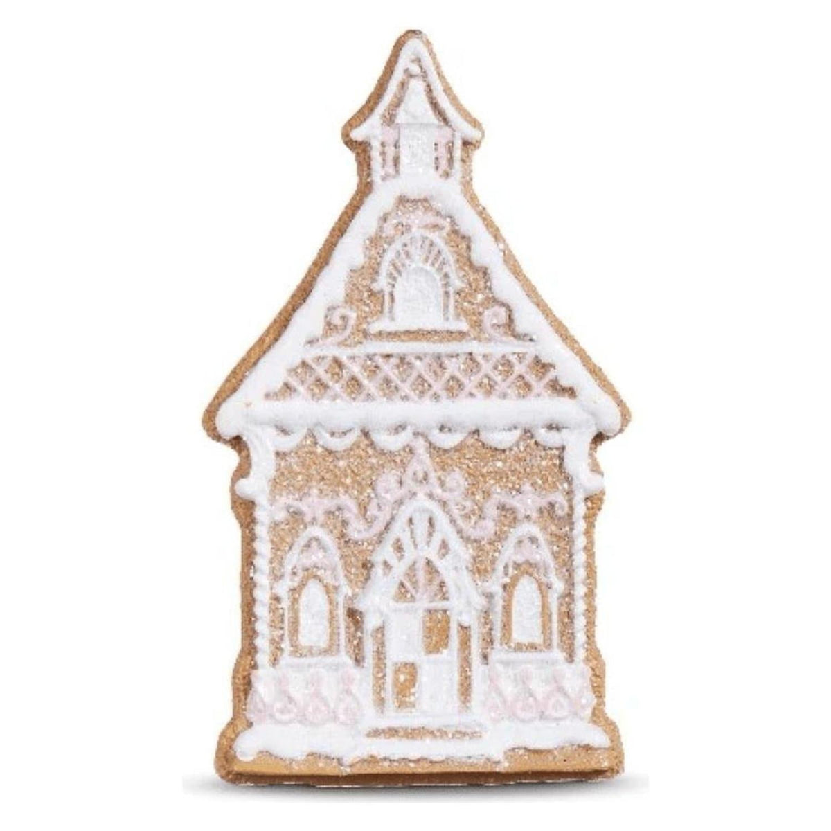 Church ornament with white frosting, brown outline, and front door and arched windows