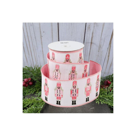 Nutcracker dupion ribbon on spool, pink-and-white with repeating nutcracker figures