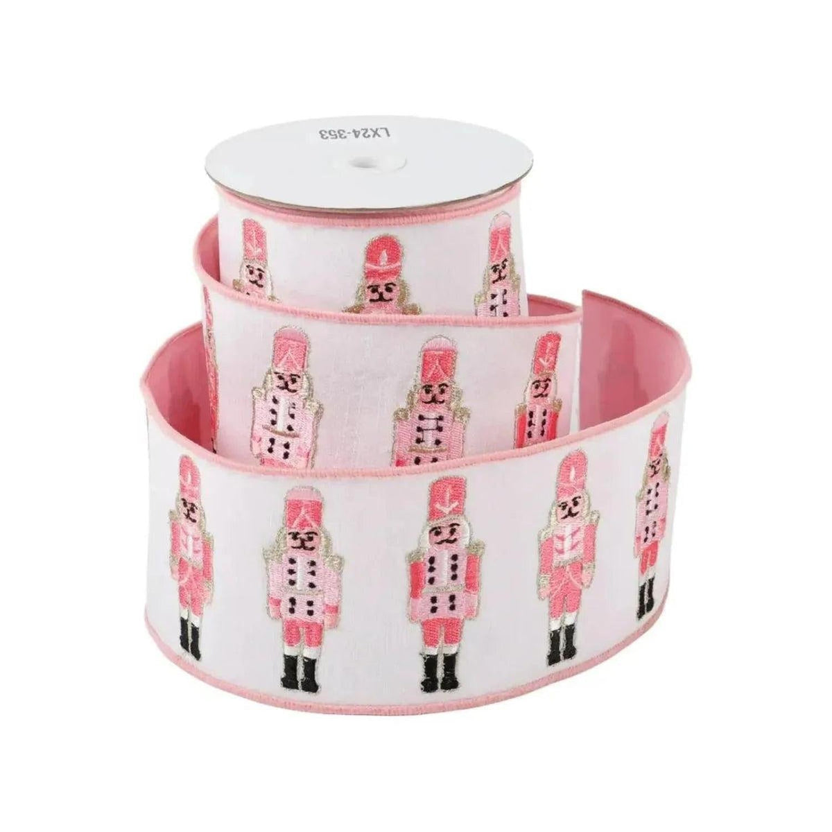 4-inch pink and white nutcracker dupion ribbon with repeating nutcracker print