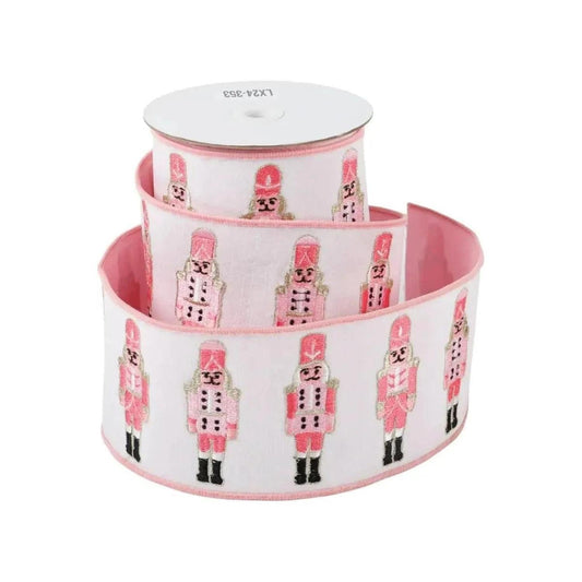 4-inch pink and white nutcracker dupion ribbon with repeating nutcracker print