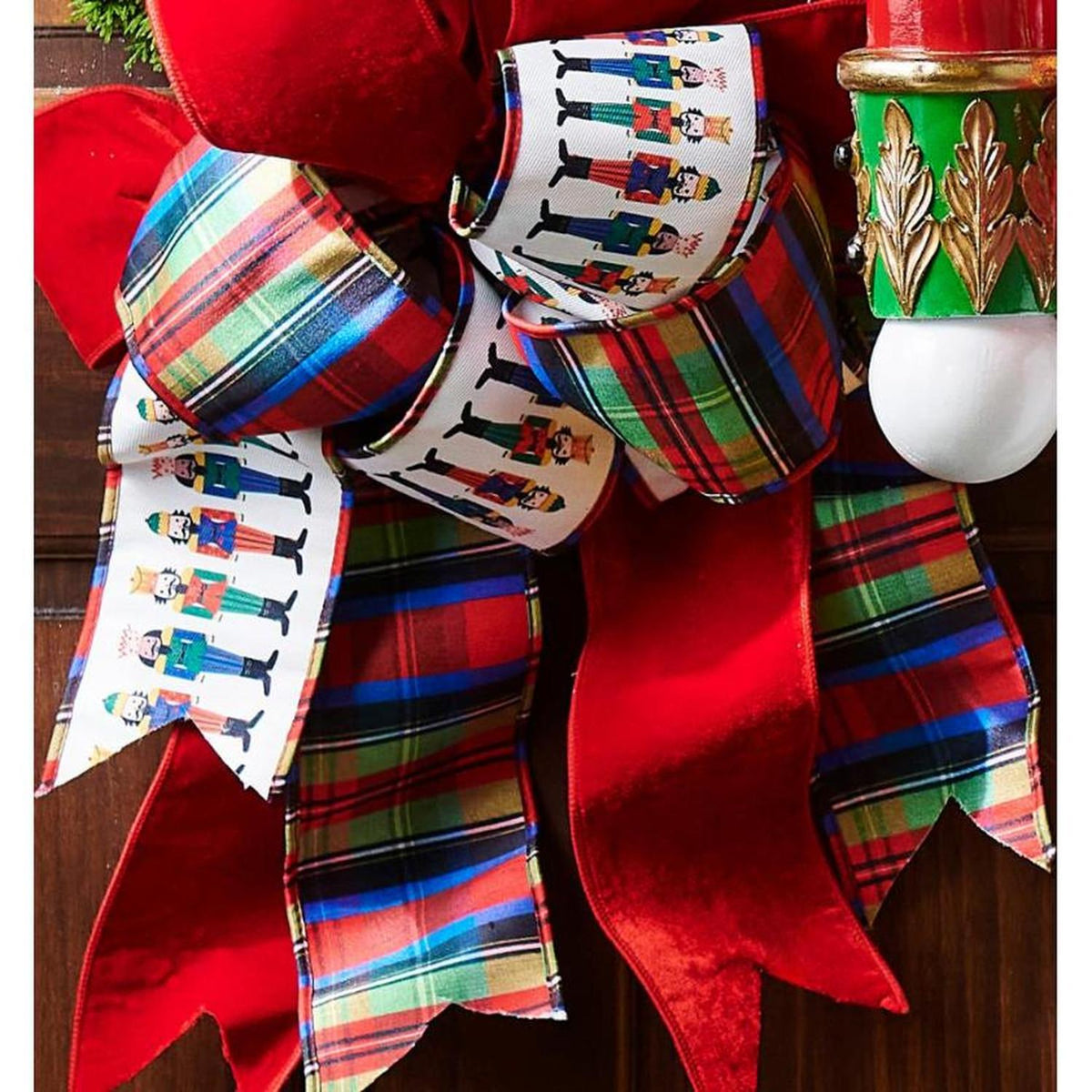 Nutcracker plaid ribbon bow with striped fabric and white nutcracker character print