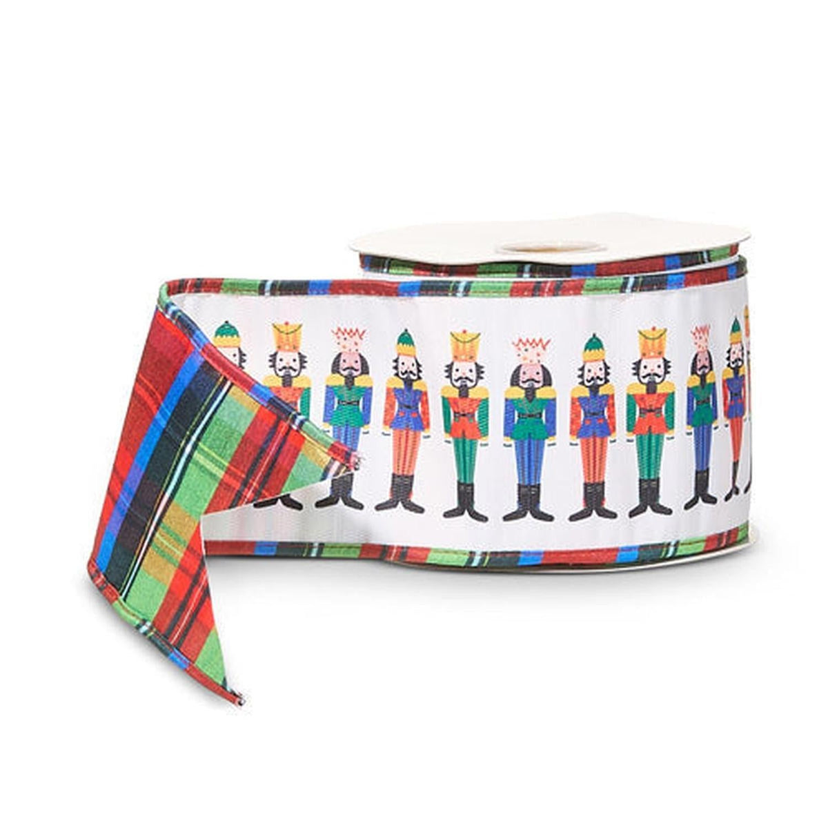 Nutcracker plaid ribbon roll with multicolor character print, wired edges