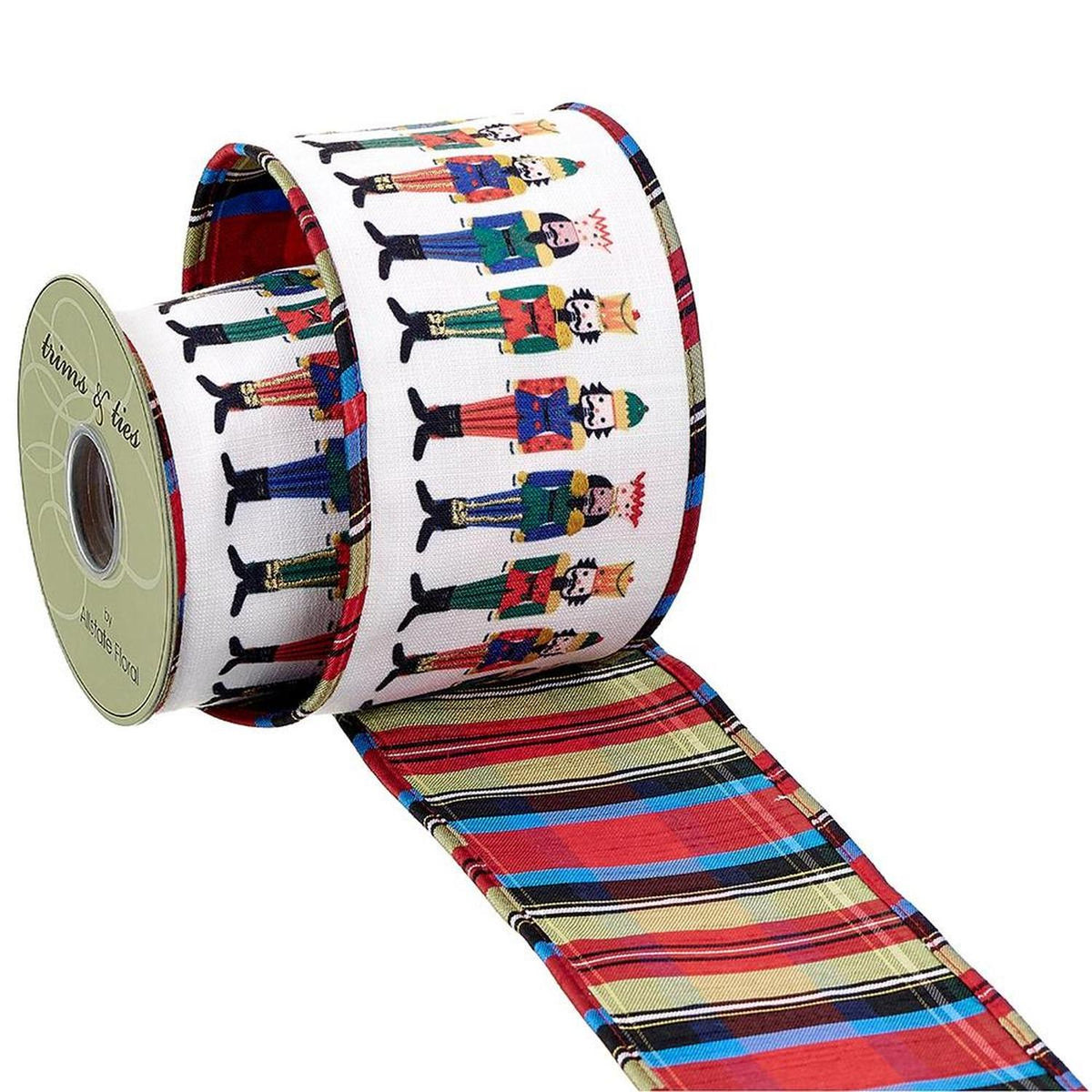 Nutcracker plaid ribbon spool with multicolor stripes and nutcracker character figures