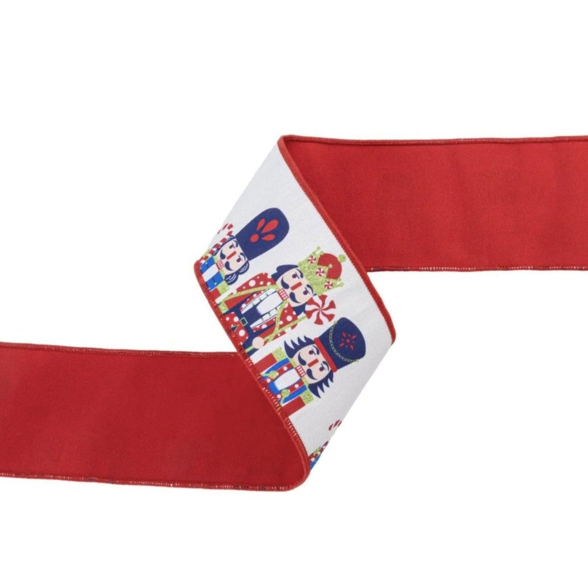 Red-and-white reversible dupioni ribbon with nutcracker panel and solid red side