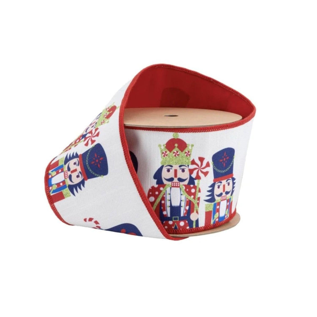 Reversible dupioni ribbon with nutcracker faces, white outer fabric and red inner side
