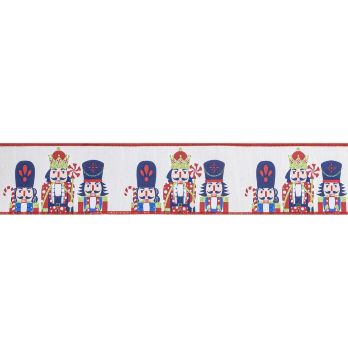 Reversible nutcracker ribbon with repeating characters in rows, red border