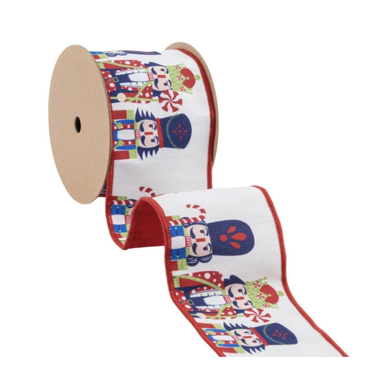 Reversible dupioni ribbon with nutcracker print, white base and red edge trim