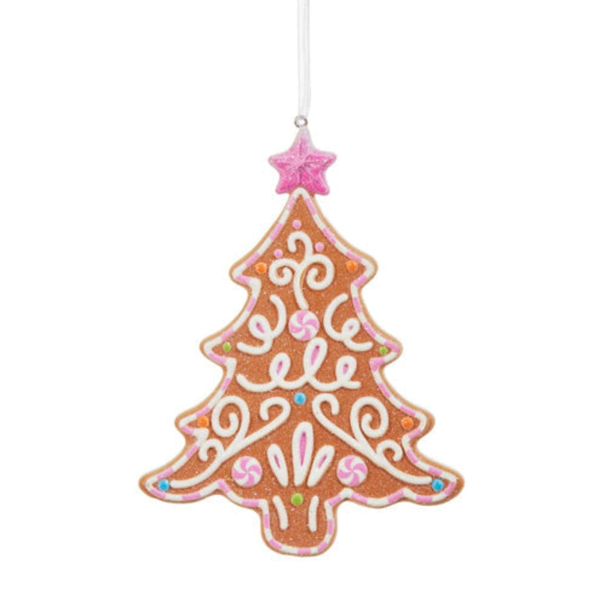 Gingerbread tree ornament, orange-brown with pink and white swirls, hanging loop