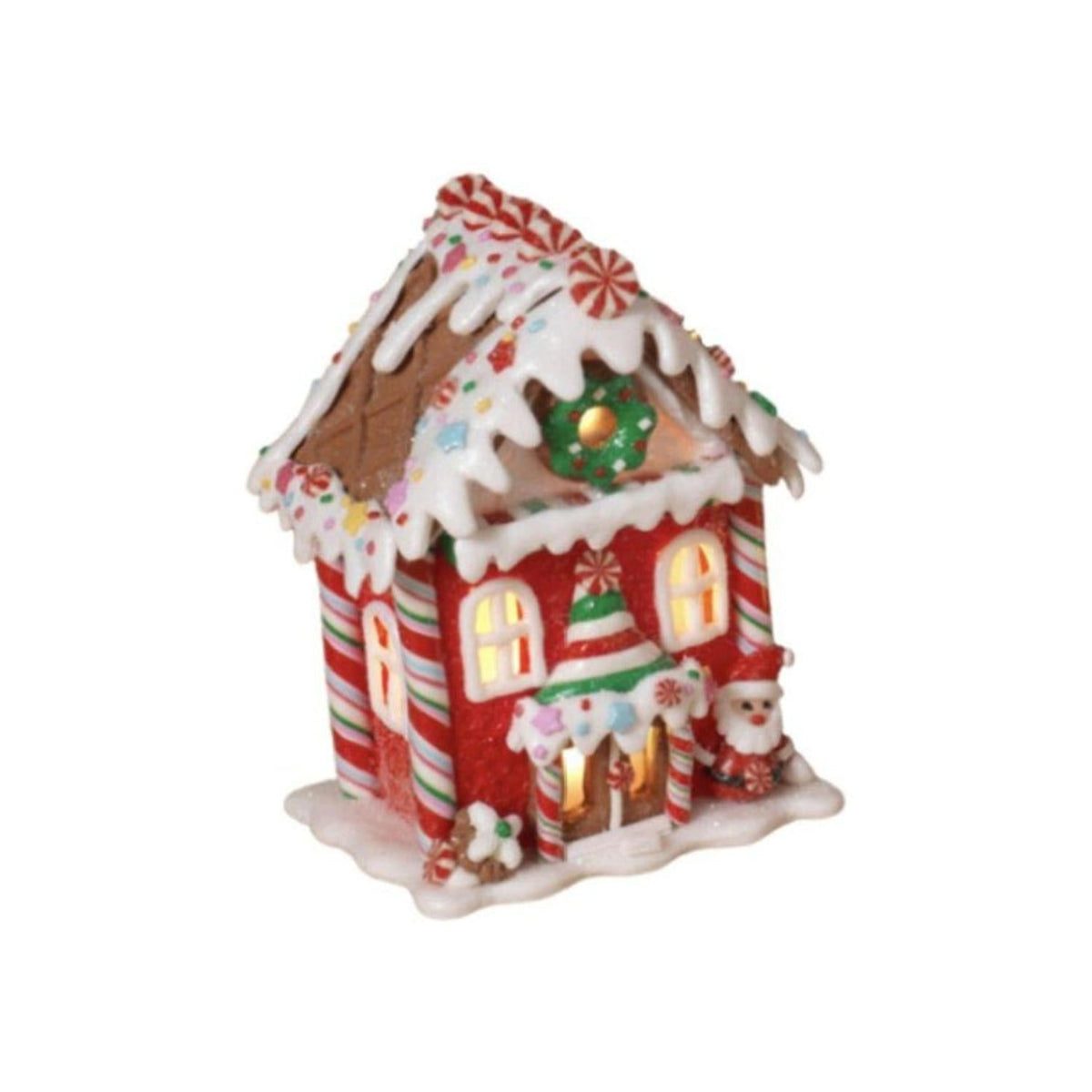 Single miniature gingerbread-style house ornament in red and green with glowing windows