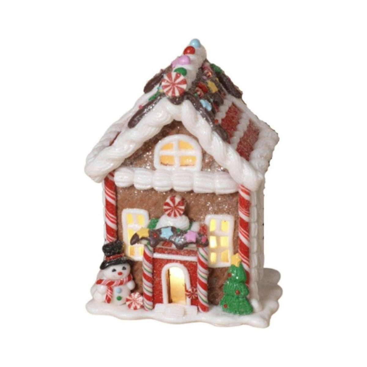 Miniature gingerbread-style house ornament with red roof, candy accents, and warm light