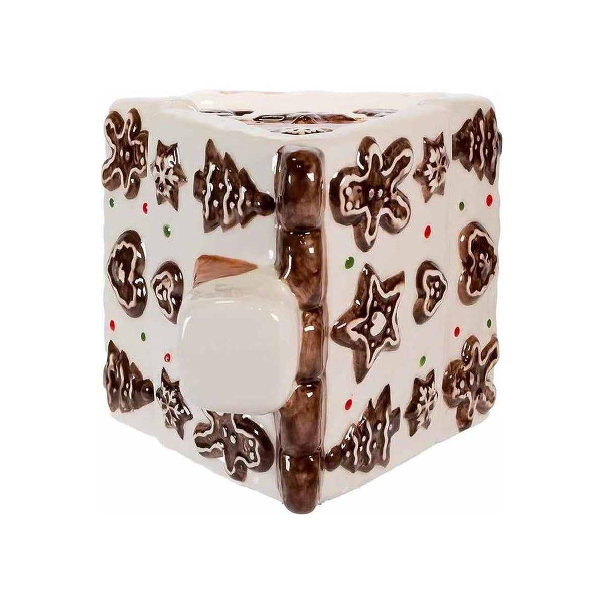 Kurt Adler gingerbread house cookie jar with white sides, brown icing decorations