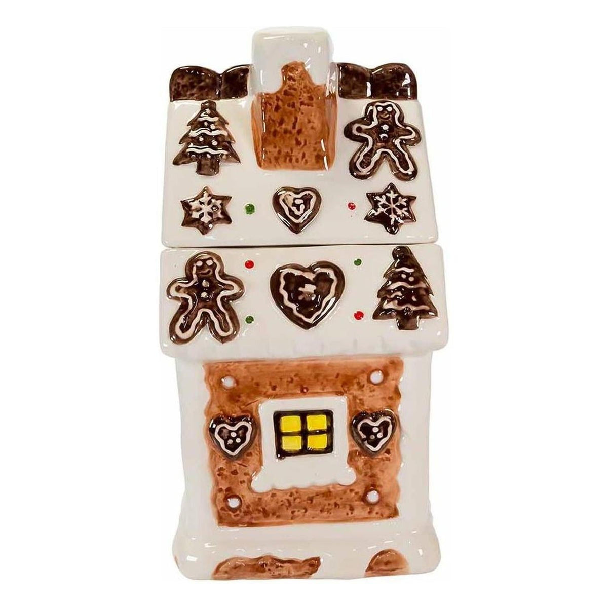 Kurt Adler gingerbread house cookie jar showing front details and yellow window panes