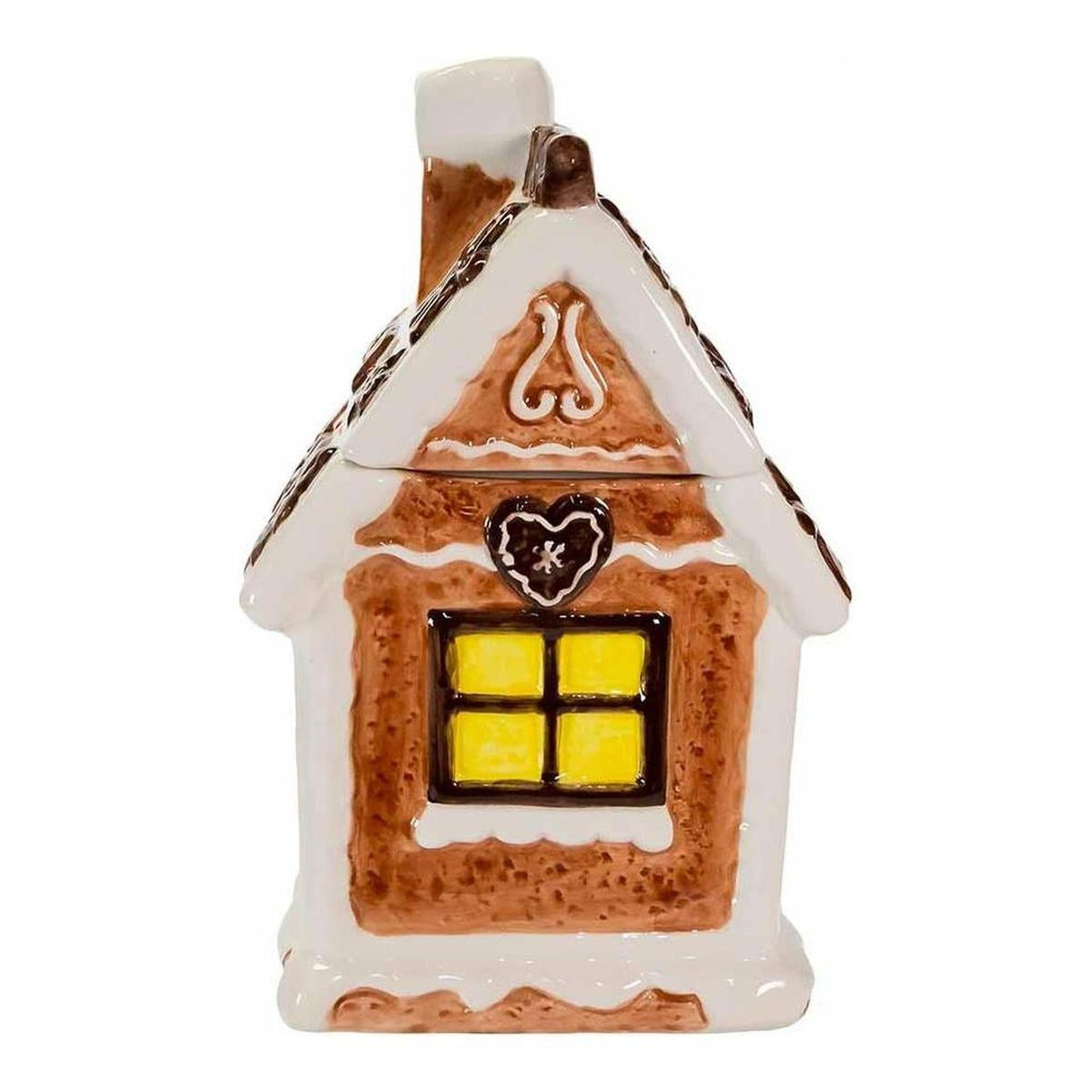 Kurt Adler gingerbread house cookie jar side view with brown icing trim and window