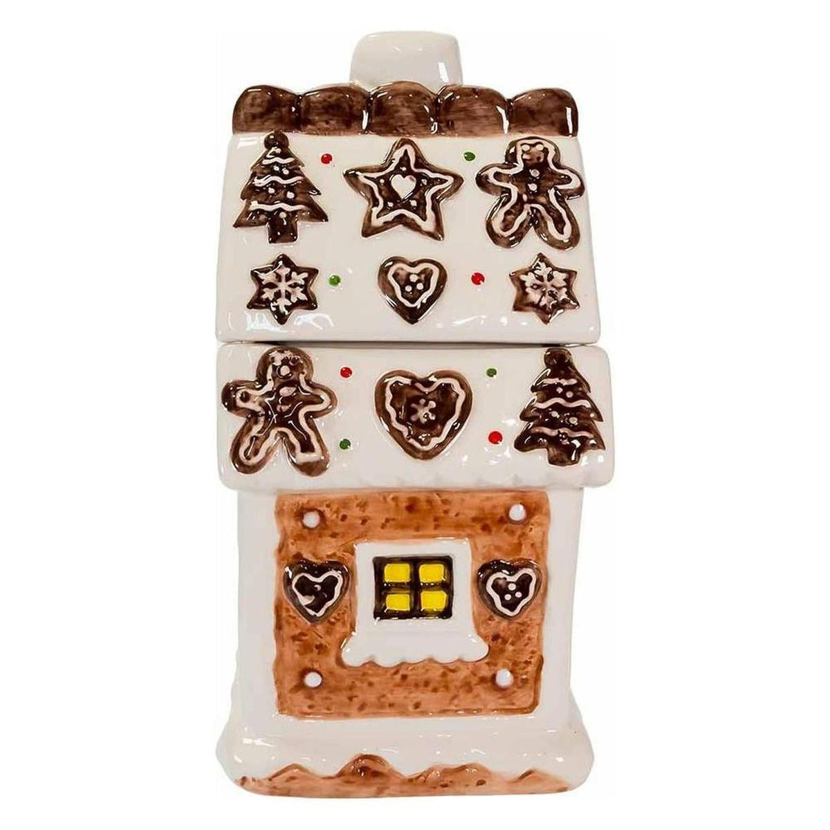 Kurt Adler gingerbread house cookie jar front view with star and heart cookie accents