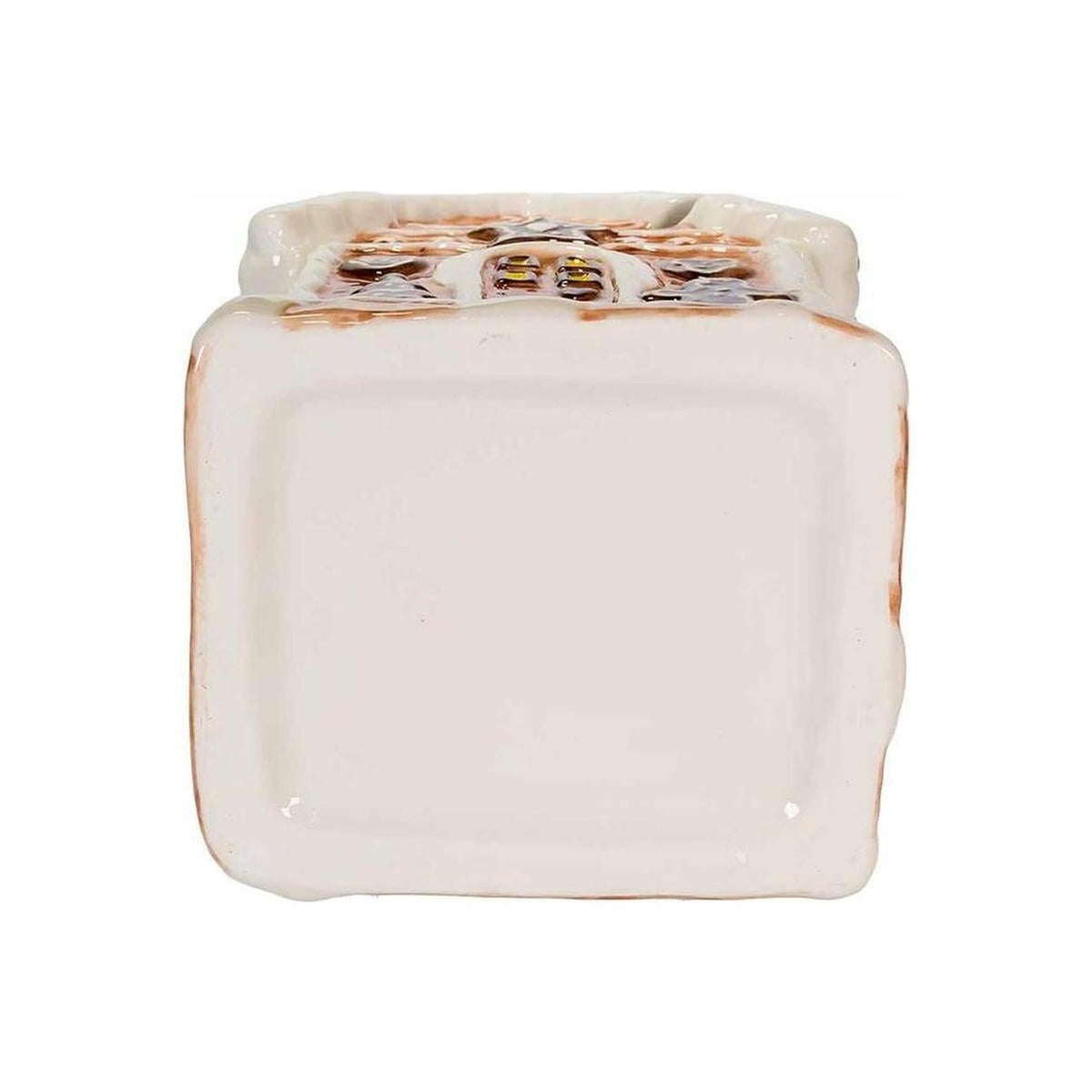 Kurt Adler gingerbread house cookie jar back view with plain white lid and trim