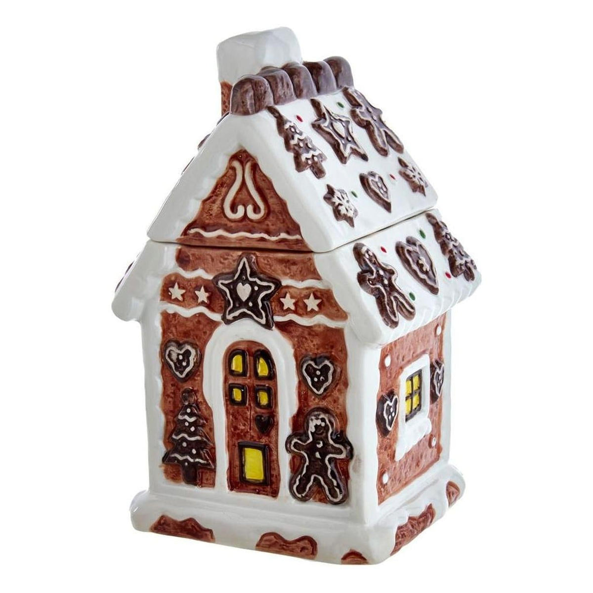 Kurt Adler gingerbread house cookie jar with white roof and brown house front