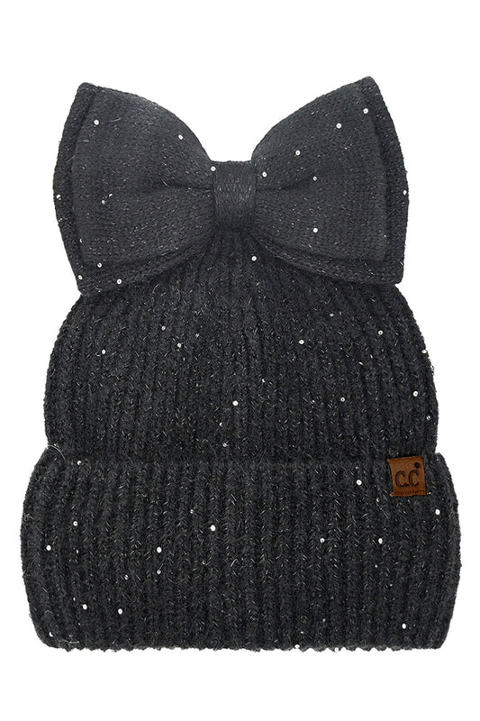 C.C Messy Bun Bow Beanie with Sequins Winter Hat