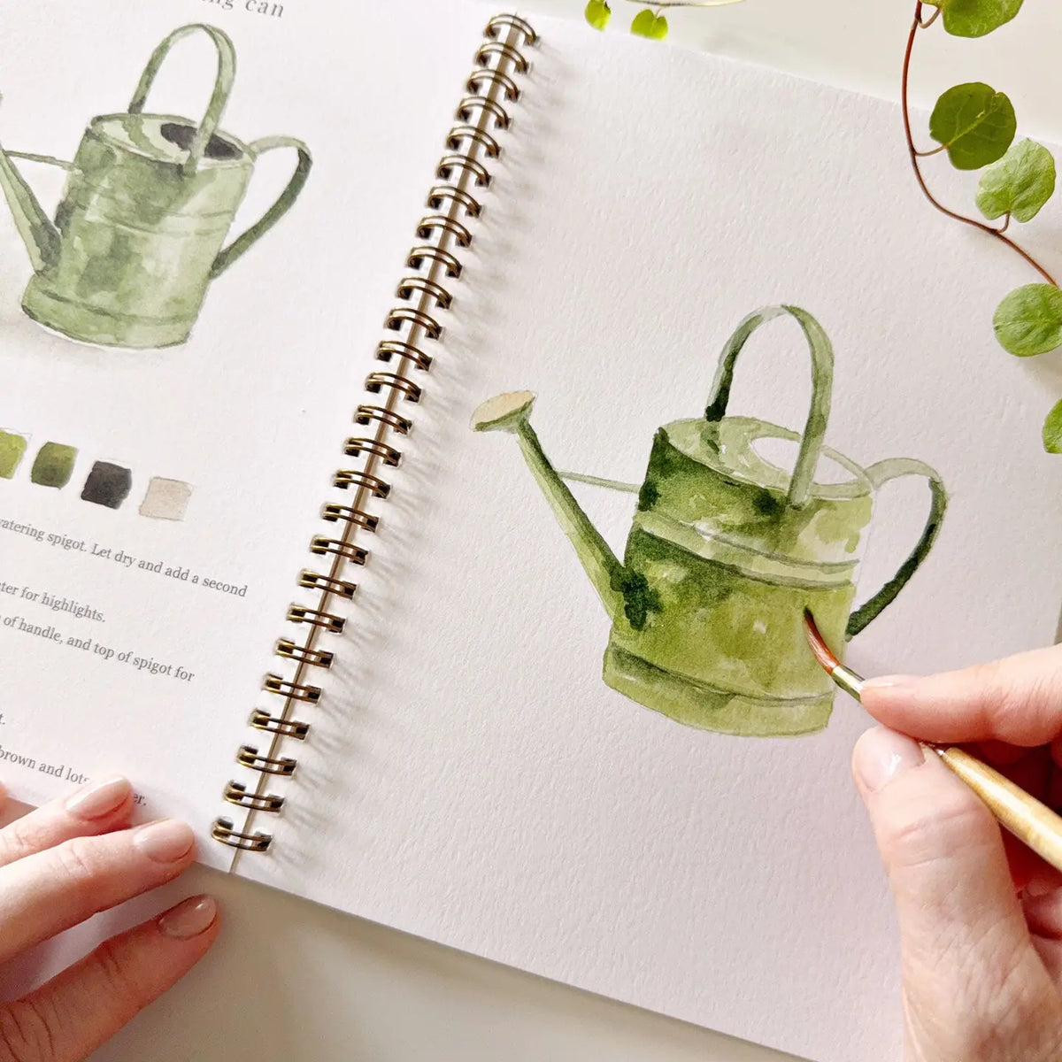 Garden watercolor workbook close-up of watering can watercolor being painted