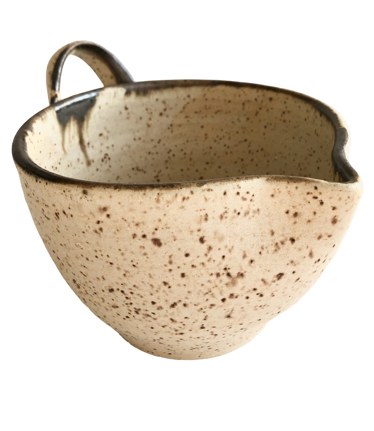 Speckled sand batter bowl with dark rim and small side handle