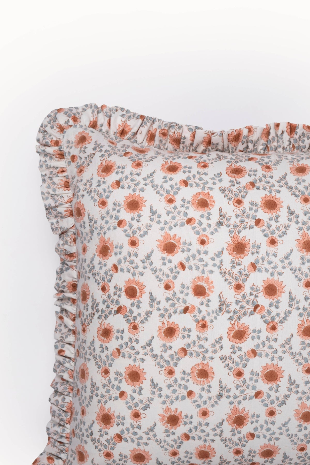 Floral blockprint ruffle pillow cover with gathered edge, orange medallion pattern