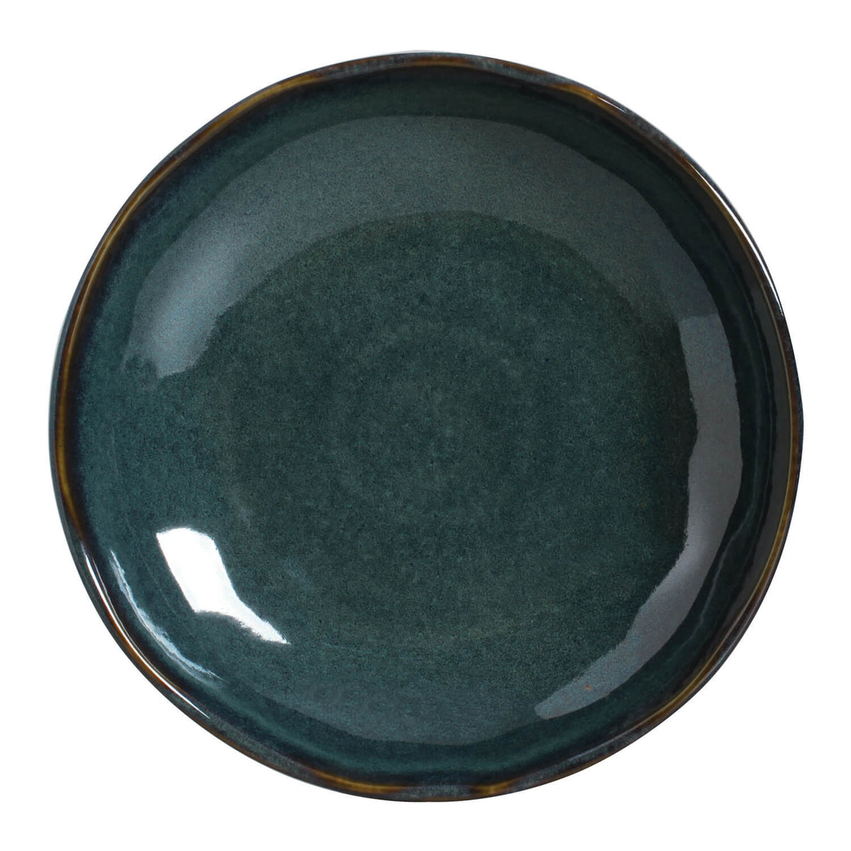 Reactive glazed pasta plate, glossy deep teal-green interior with dark rim