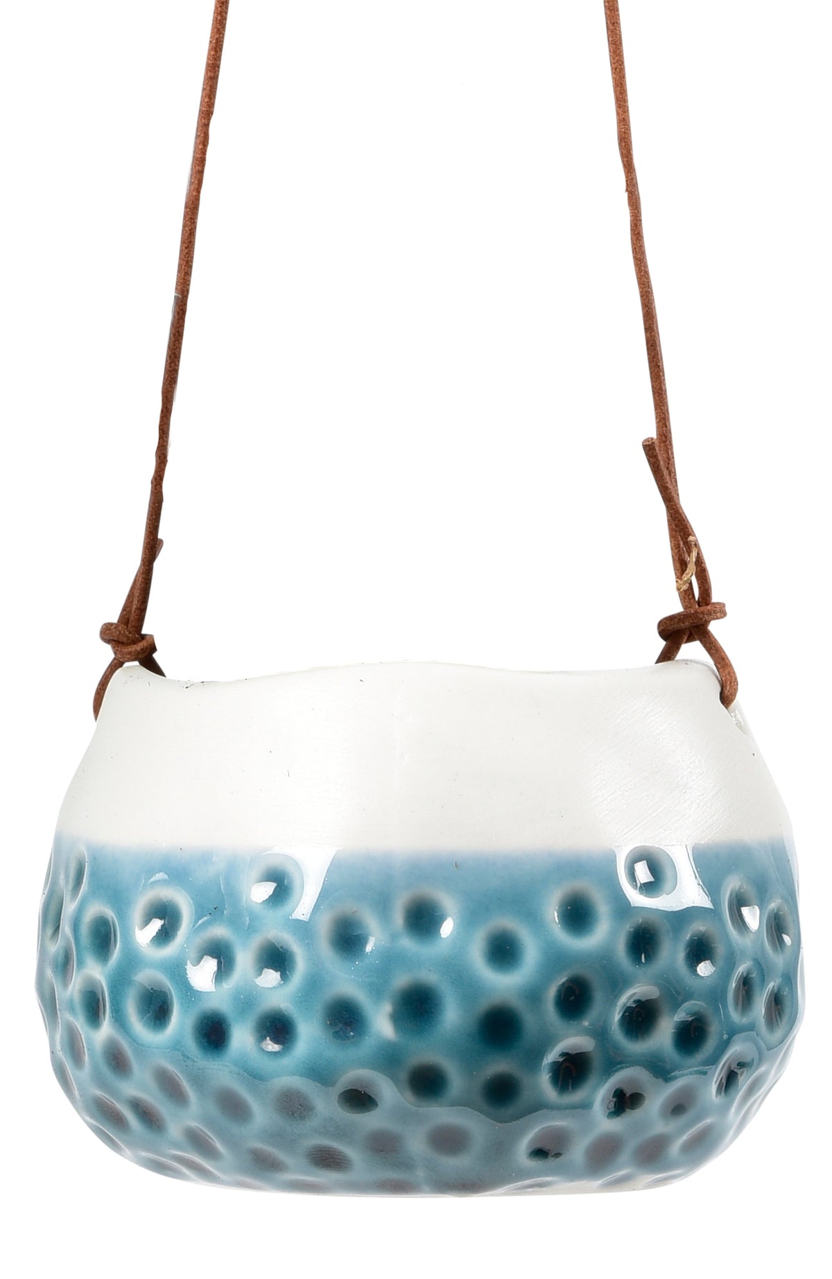 Single hanging dotty vase with brown rope handles; white top with blue speckled glaze.