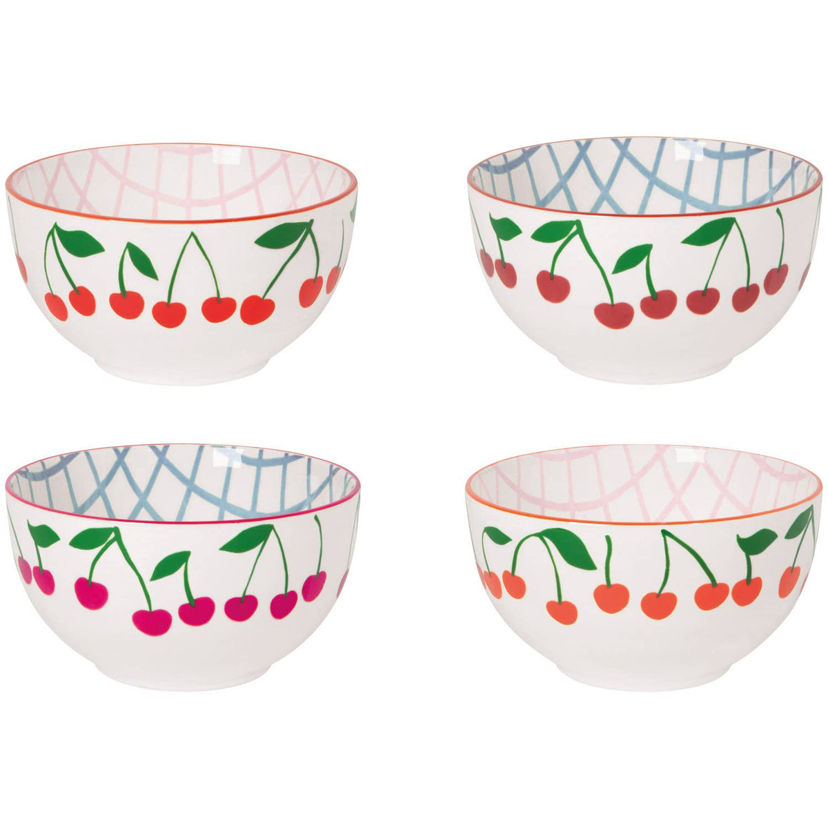 Cherry-pattern bowls set with blue and pink interiors