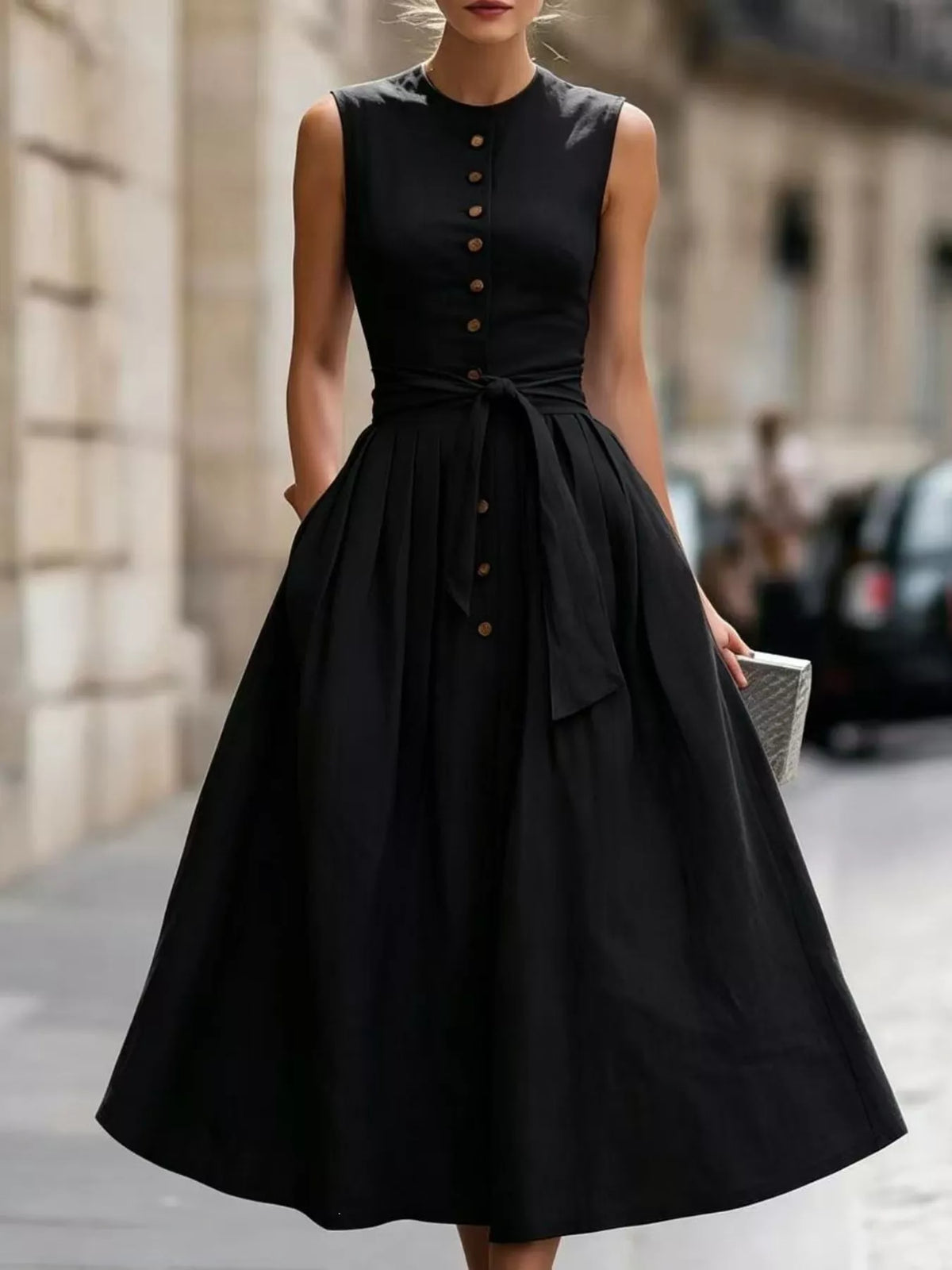 Vintage-Inspired Belted Sleeveless Midi Dress
