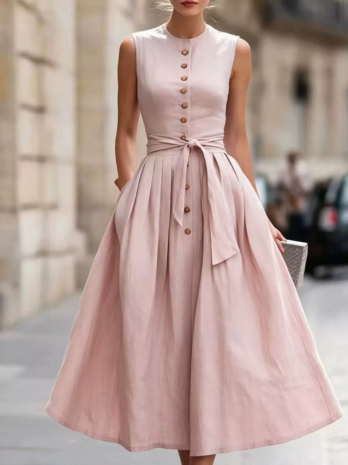 Vintage-Inspired Belted Sleeveless Midi Dress