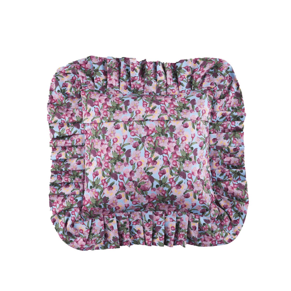 Ruffled pillow cover with pink floral print and thick gathered border