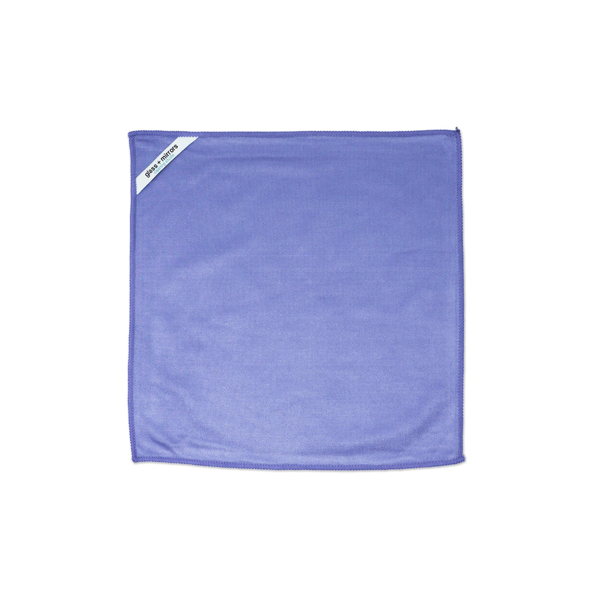 Purple microfiber cleaning cloth with stitched border and small brand label