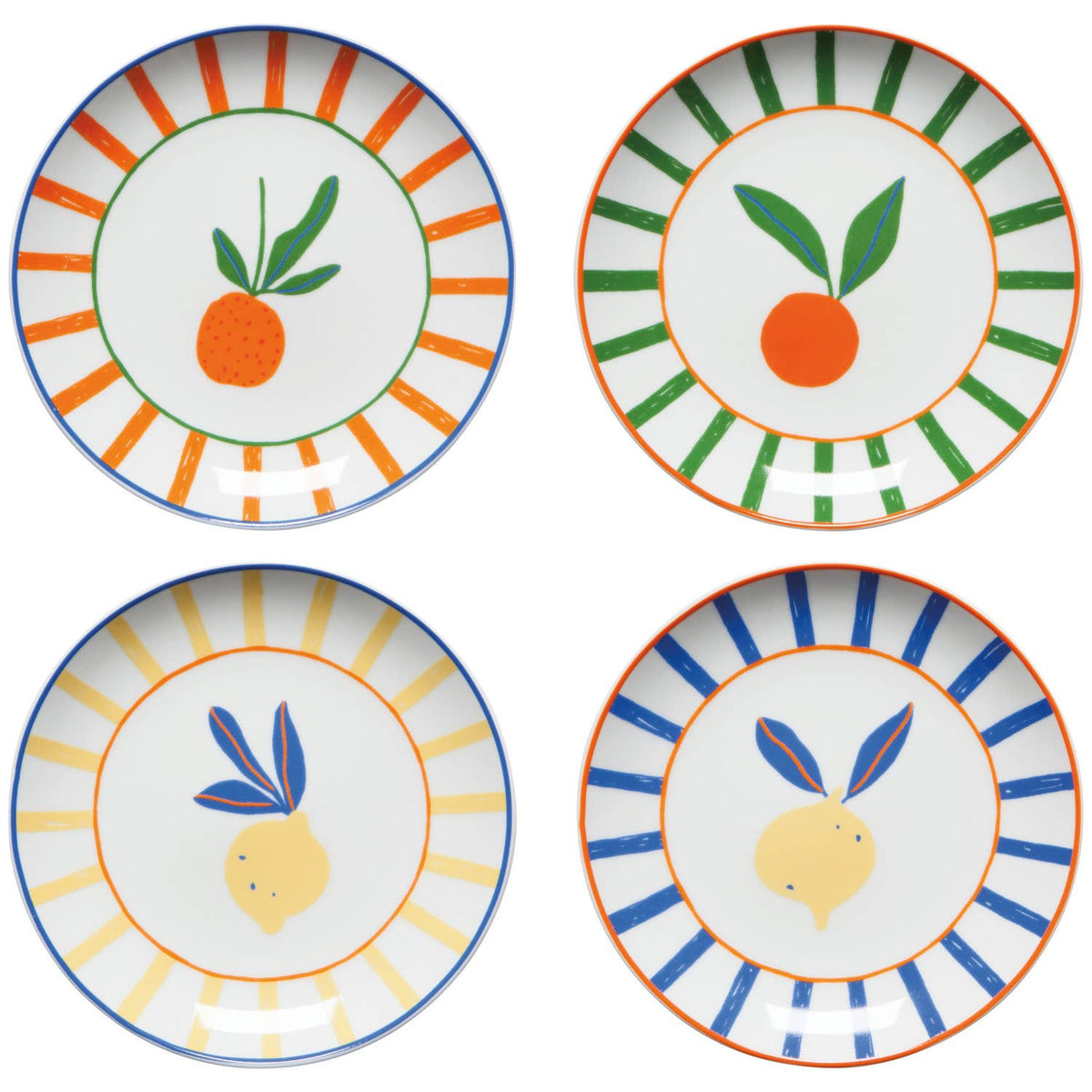 Set of four citrus mini plates, round with fruit motifs and striped border