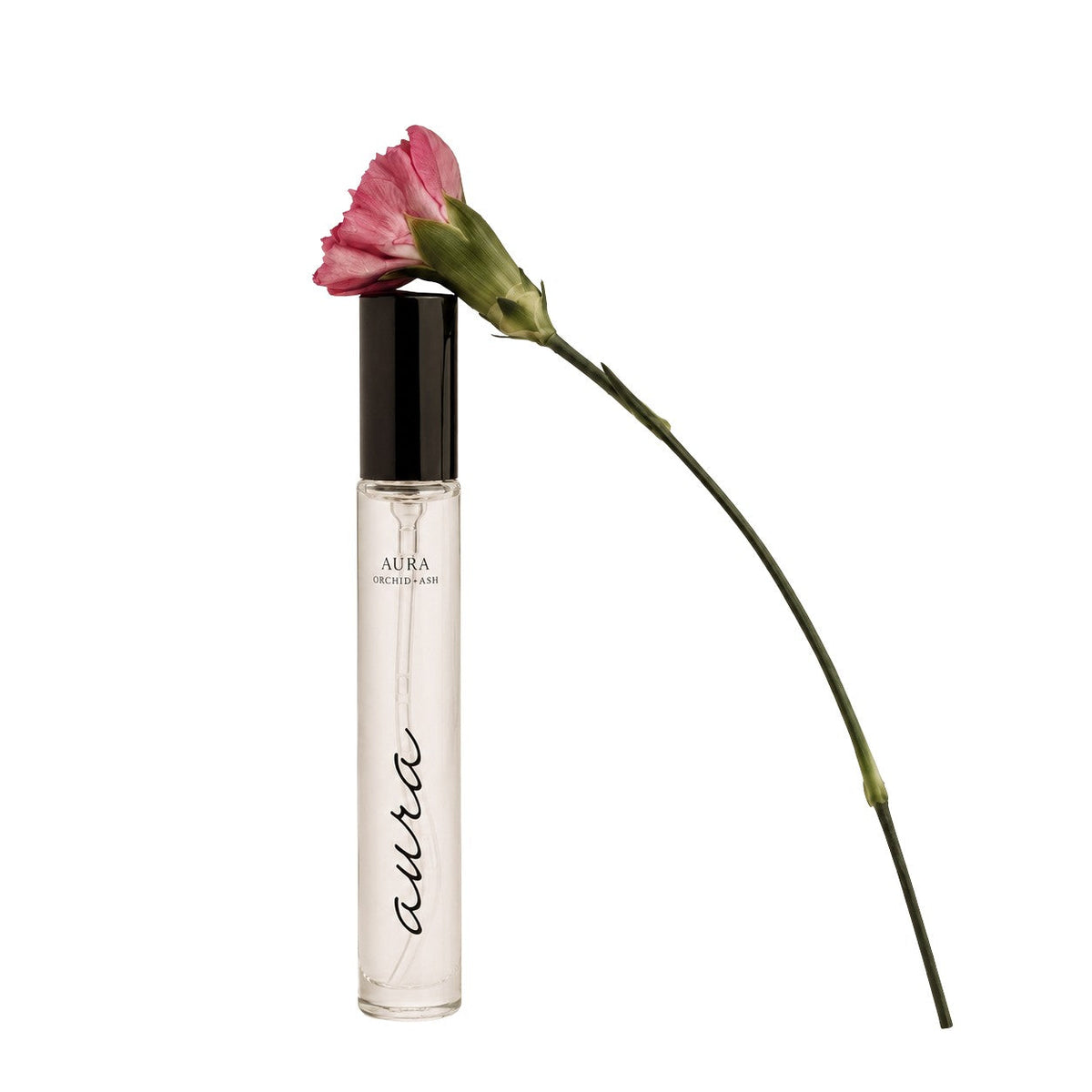 AURA perfume travel spray bottle with clear liquid, black cap, and pink flower on stem