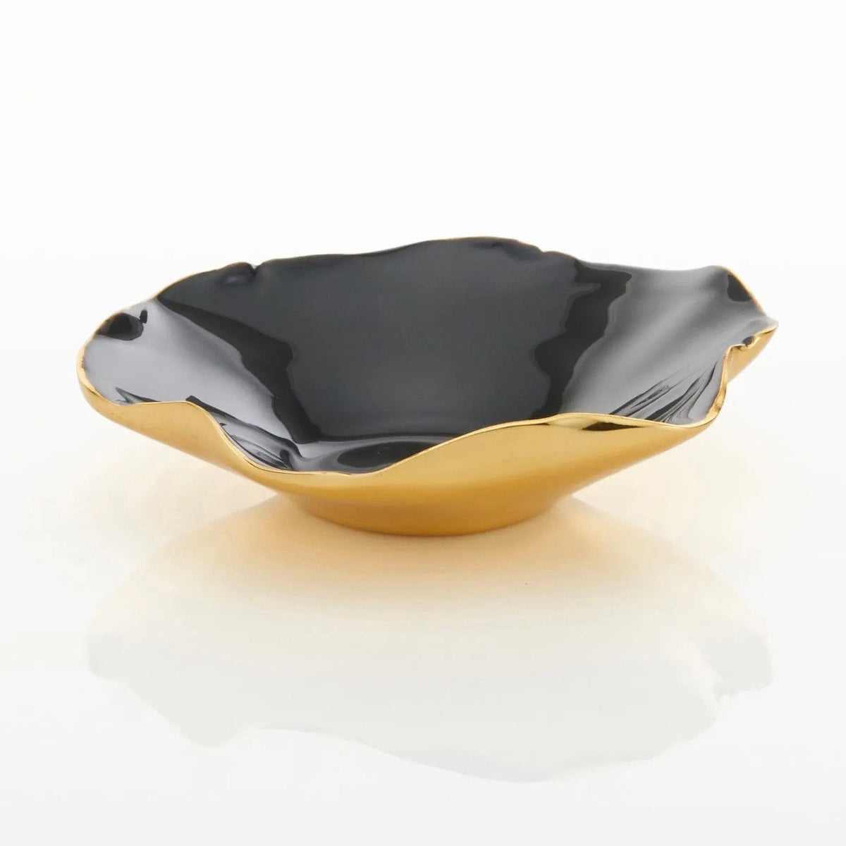 Large ruffled graphite bowl with black glossy interior and gold outer rim