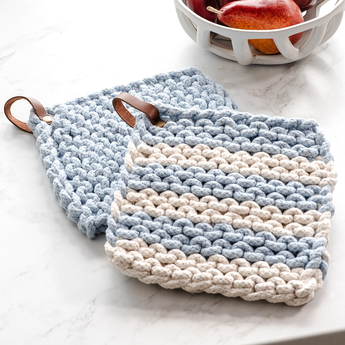 Chunky knit cotton pot holder, light blue and cream striped knit with loop handle