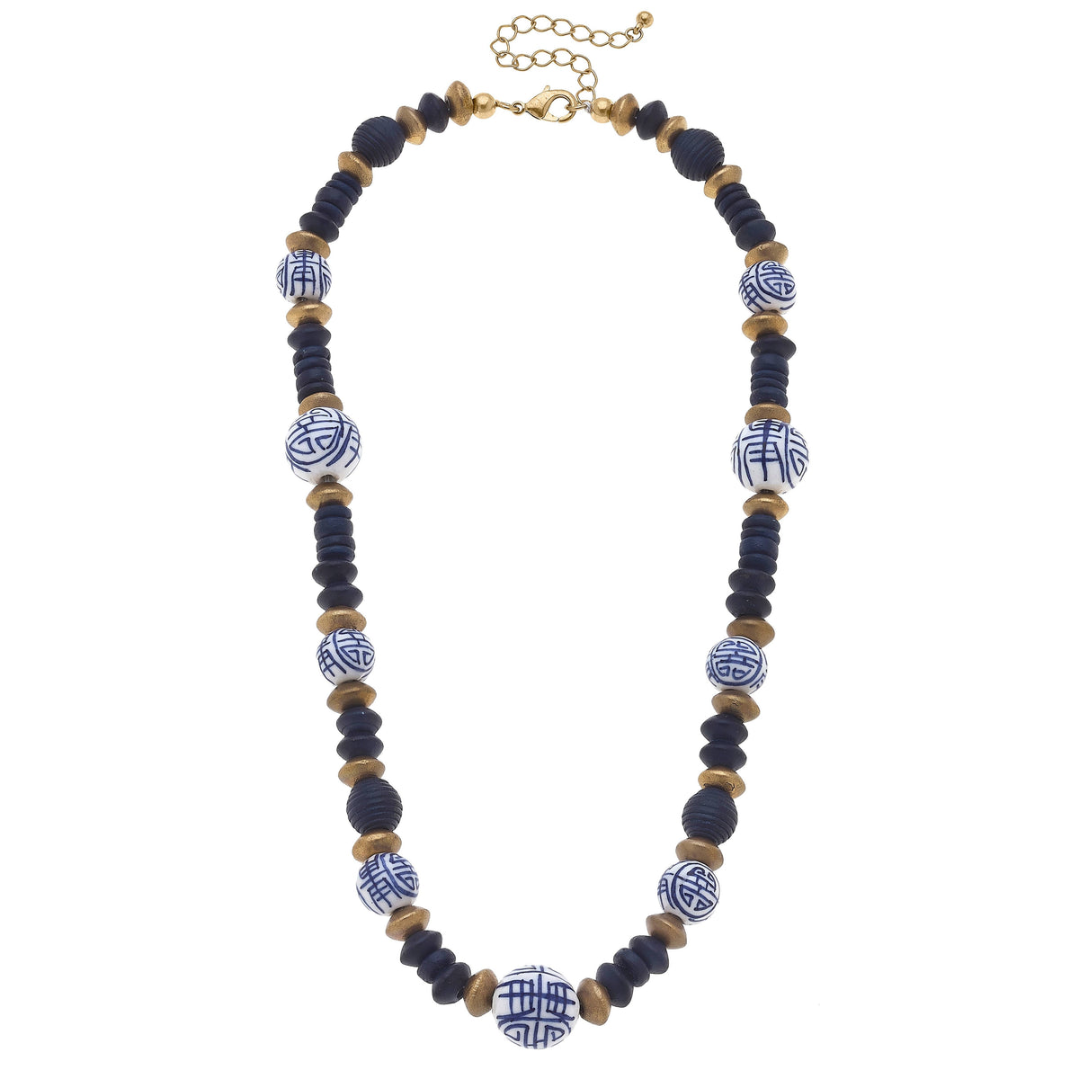 Navy painted wood bead necklace with blue-and-white swirl accents and gold clasp