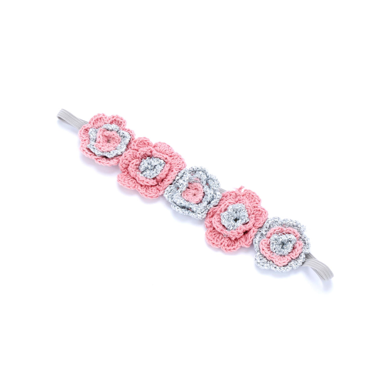 Knitted flower headband with pink and silver crochet flowers