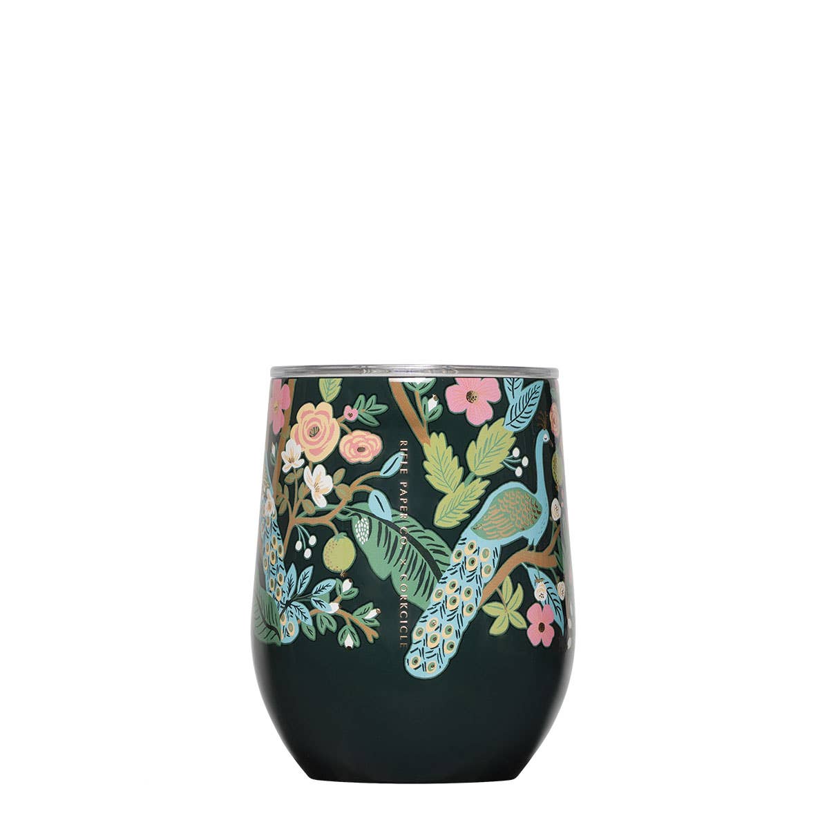 12oz stemless tumbler with peacock and floral pattern on dark background