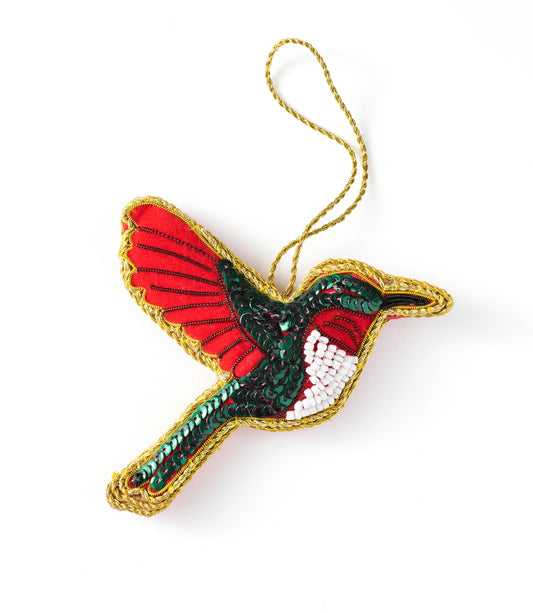 Hummingbird plush fabric ornament with red, green, and gold beaded embroidery, hanging loop
