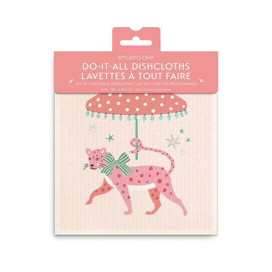 Leopard-pattern do-it-all dishcloth in pastel pink with umbrella and star accents
