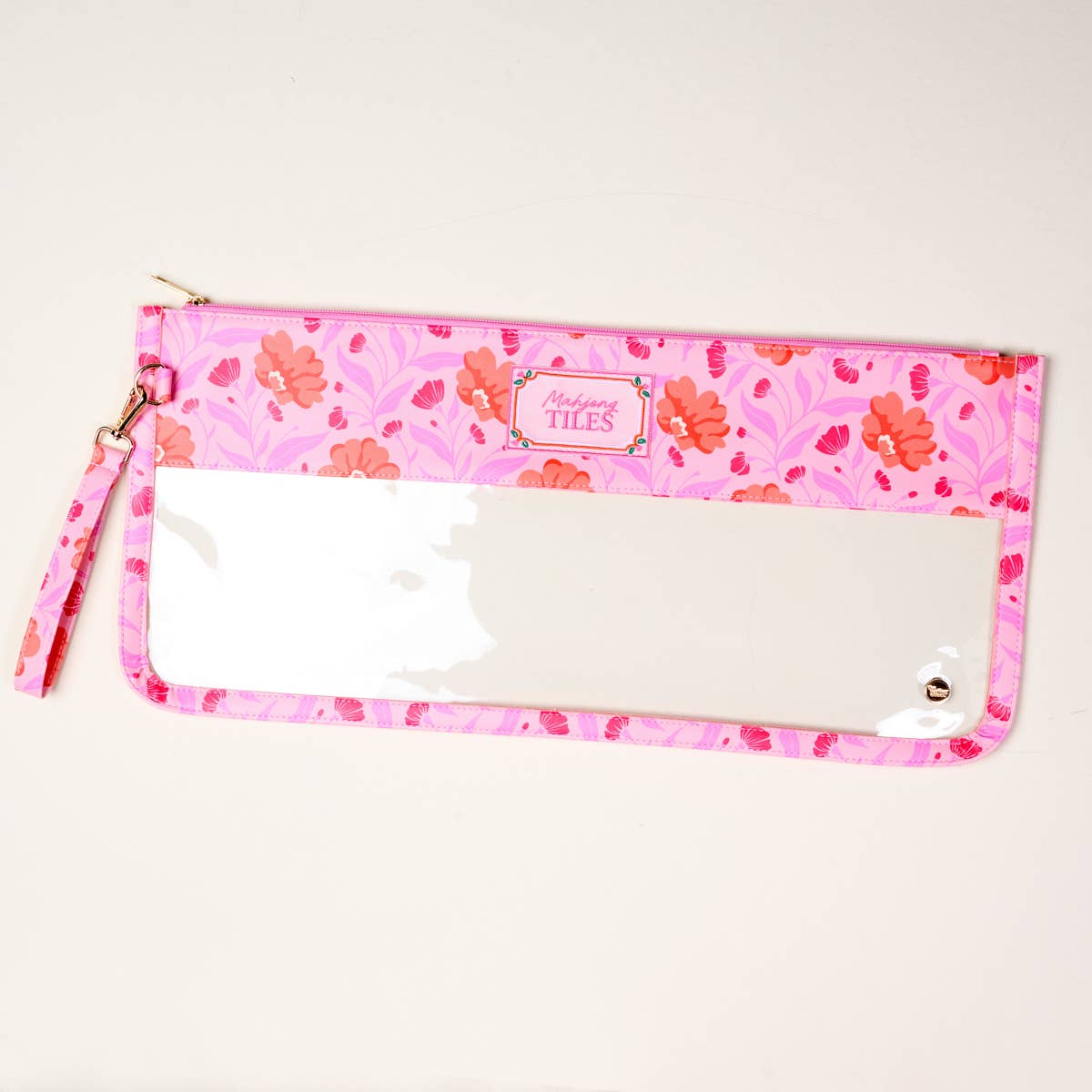 Hot pink floral Mahjong tile pouch with clear front panel and zipper closure