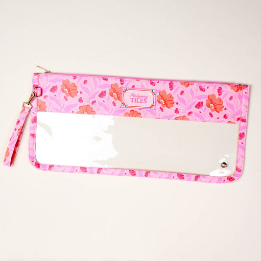 Hot pink floral Mahjong tile pouch with clear front panel and zipper closure